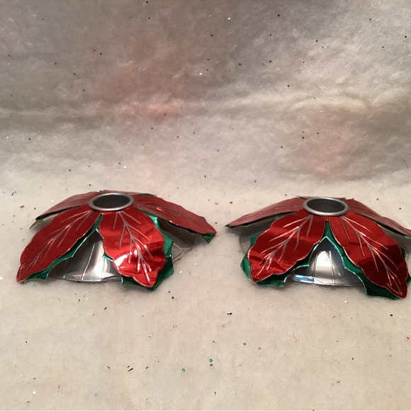 Vintage Tin Poinsettia Candle Holders Christmas 1950”s Decor - Picture 5 of 5